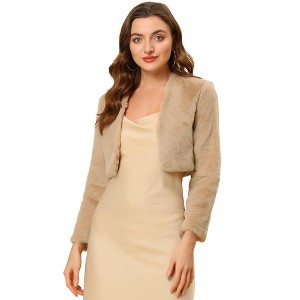 Allegra K Women's Cropped Open Front Collarless Long Sleeve Faux Fur Jacket - 1 of 4