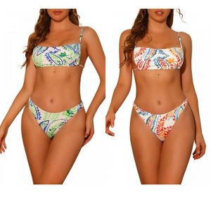 Elerevyo Women's Leaf Print Colorful Lace Up Adjustable Spaghetti Straps Bandeau Bathing Suit Swimsuit Bikini Sets 2 Sets - 1 of 4