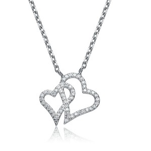 Guili Cubic Zirconia Sterling Silver Rose Plated Double Heart Micro Pave Pendant in White or Rose Gold—A Gorgeous and Radiant Gift for Loved Ones. - 1 of 3