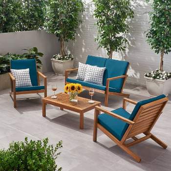 4pc Leah Acacia Wood Patio Chat Set Dark Teal - Christopher Knight Home