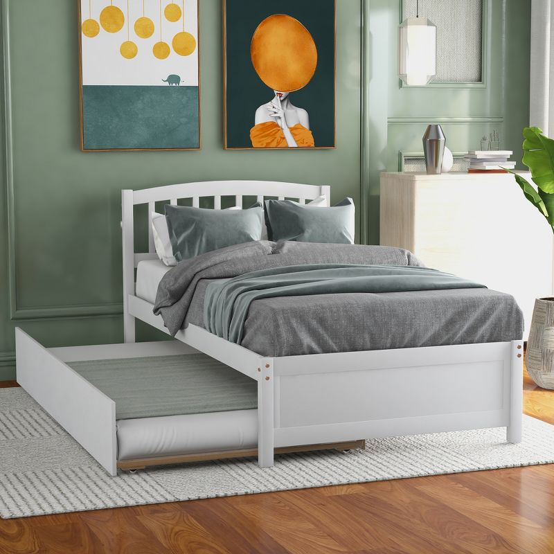 Twin Size Platform Bed Wood Bed Frame with Trundle-ModernLuxe, 1 of 9