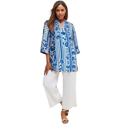 Jessica London Women's Plus Size Linen V-neck Embroidered Tunic - 26 W ...