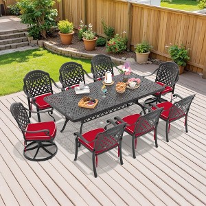9-Piece Cast Aluminum Patio Dining Set with Rectangle Table, 2 swivel chairs and 6 fixed dining chairs, Red Cushions and Umbrella Hole - 1 of 4