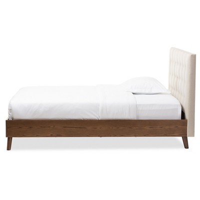Alinia Light Beige Fabric Upholstered Walnut Wood Queen Platform Bed