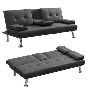Convertible Futon Sofa Bed,Faux Leather Upholstered Sleeper Sofa Bed,Folding Lounge Couch with Cup Holders & Removable Armrests for Living Room - 1 of 4
