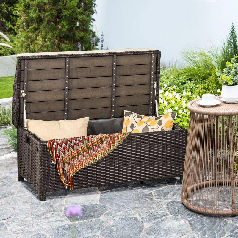 Outsunny Storage Bench Rattan Wicker Garden Deck Box Bin with Interior Waterproof Cloth Bag and Comfortable Cushion, 2 of 9