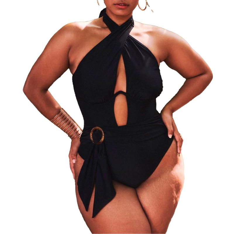 ELOQUII Women's Plus Size Twist Halter Swimsuit with Underwire Detail, 1 of 2