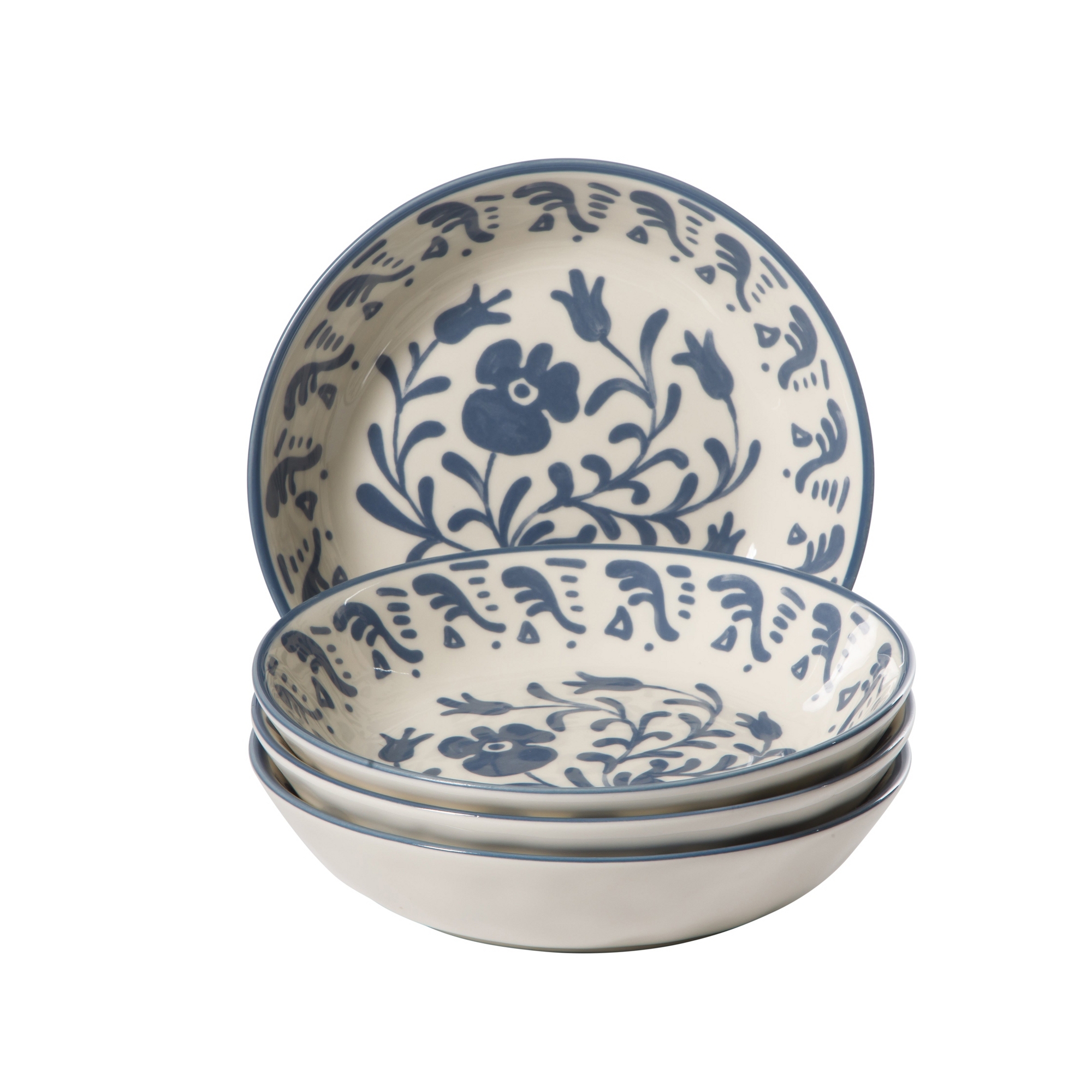 Bloomhouse - 2-Time Oprah’s Favorite Things - 4 Piece Dinner Bowl Set, 8” Stoneware Pasta Bowls, Floral Design, Dishwasher Safe - Iris Blue
