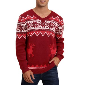 BLUEMING Men's Christmas Sweaters Reindeer & Snowflake V-Neck Sweater Thermal-Lock Knit Holiday Pullover - 1 of 4