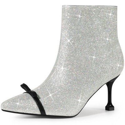 Allegra K Women's Bow Glitter Pointed Toe Stiletto Heel Ankle Boots