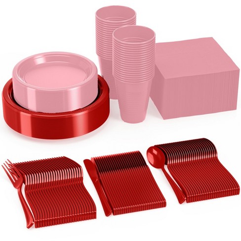 Pink Party Supplies Set Paper Plates Plastic Cups Forks Knives Spoons  Napkins Tablecloth Serves 20 Guests Disposable Dinnerware Set of 222  Pieces