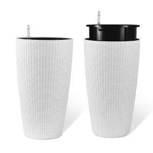 NAYSAYE Planter Set of 2 Faux Rattan Tall Planter with Water Level Monitor for Indoor Outdoor Garden, White, 12.8"*12.8"*22.17" - 1 of 4