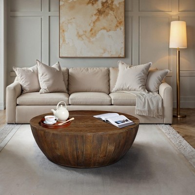Royal Hampton Coffee Table | 35.5" Round Top | Drum Shaped Sandblasted Walnut Brown Mango Wood