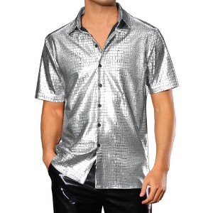 INSPIRE CHIC Men's Button Down Short Sleeve Shiny Disco Metallic Shirts - 1 of 4