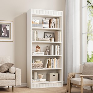 71" Tall Bookcase w/Display Rack & Fluted Design, 5 Tier Farmhouse Bookshelf with Wood Base - 1 of 4
