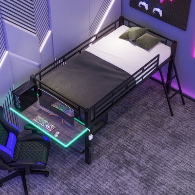 ALEXOUN Metal Gaming Loft Bed with Desk Staircase,Metal Bed Frame with Vented Mesh Undercarriage Storage,Space Saving,for Bedroom,Apartment