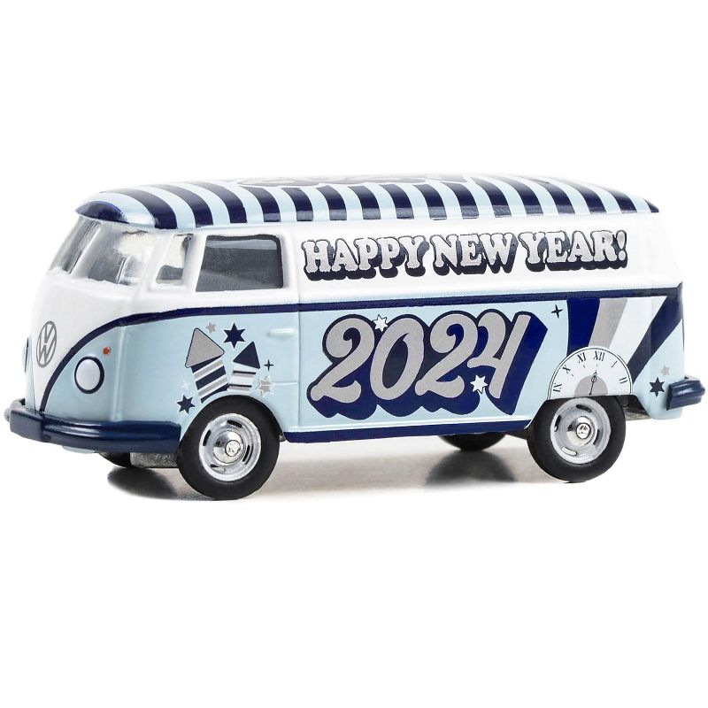 Volkswagen Type 2 Panel Van "Happy New Year 2024" Light Blue and White with Striped Top 1/64 Diecast Model Car by Greenlight, 2 of 4