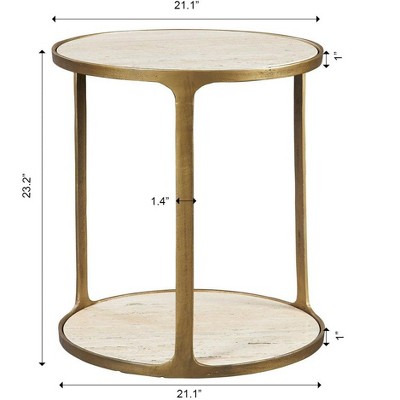 Beige Travertine and Brass Round Side Table