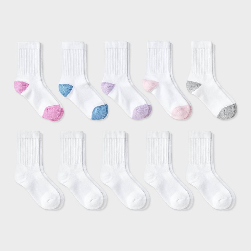 Girls' 10pk Crew Socks - Cat & Jack™ White S: Cushioned Heel, Knit, Midweight, Small