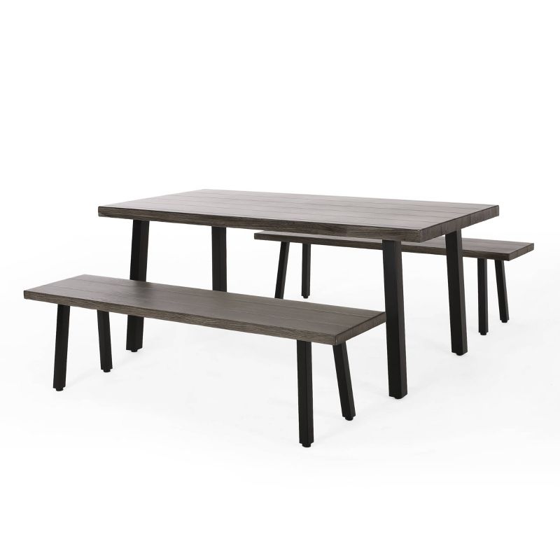 Pointe 3pc Outdoor Modern Industrial Aluminum Dining Set with Benches Gray/Matte Black - Christopher Knight Home, 1 of 13