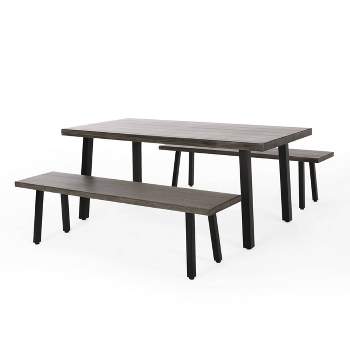 Pointe 3pc Outdoor Modern Industrial Aluminum Dining Set with Benches Gray/Matte Black - Christopher Knight Home
