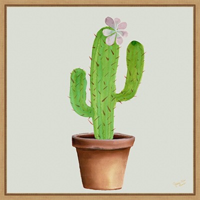 Succulent Symphony I Green Cactus Canvas Wall Art with Maple Frame