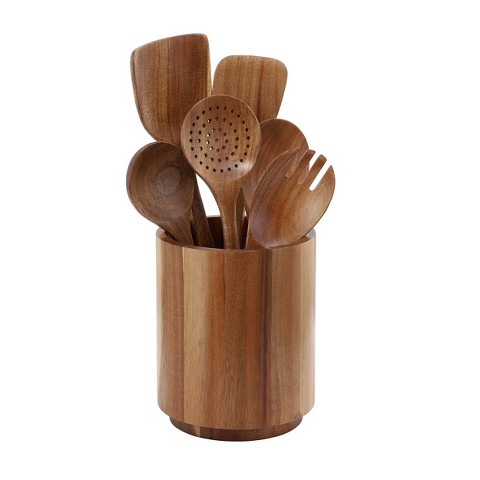 MegaChef 7 Piece Acacia Wood Kitchen Cooking Tool Utensil Set with Crock in Dark Brown