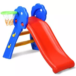 2 Step Children Folding Slide w/ Basketball Hoop For Kids Indoor & Outdoor