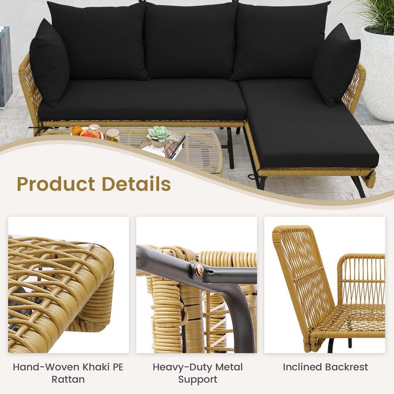 Costway 3 PCS L-Shaped Patio Sofa Set Conversation Furniture with Cushions Deck Garden Black/Beige, 5 of 11