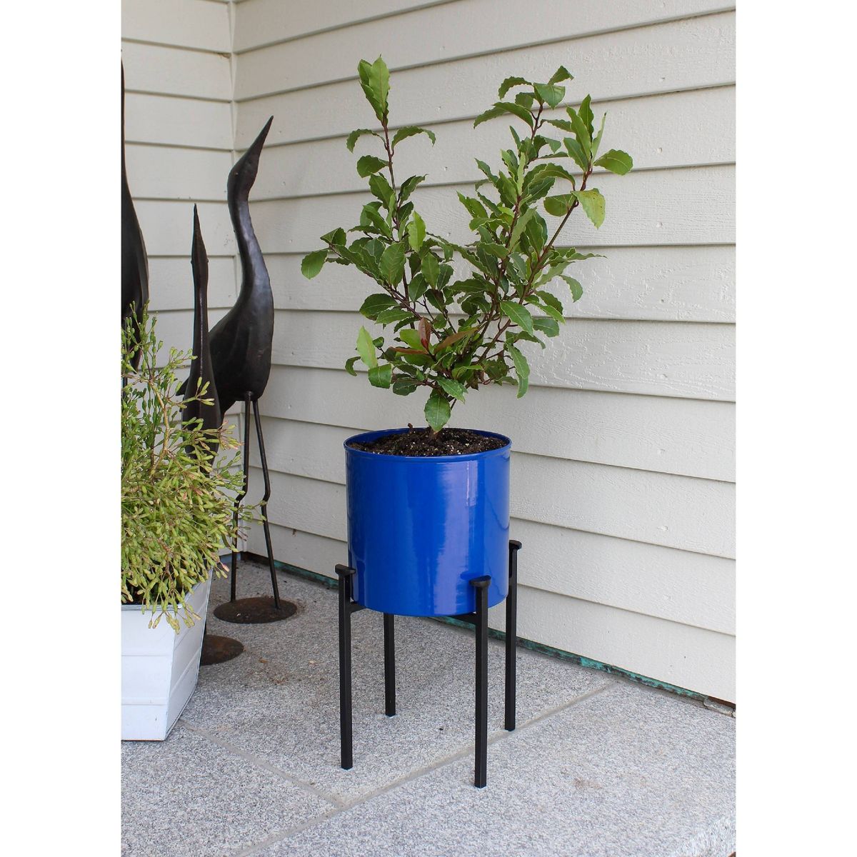 ACHLA Designs 8" Wide Cylinder Planter Pot Galvanized Steel with 4-Legged Black Wrought Iron Plant Stand  French Blue - thumbnail 3