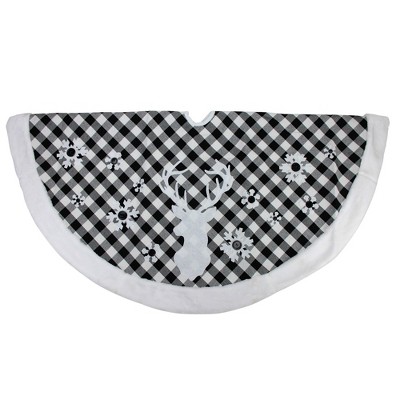 48" Black and White Plaid Reindeer Christmas Tree Skirt with Faux Fur