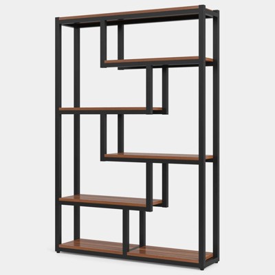 69" Walnut and Black Industrial 6-Tier Bookshelf with Staggered Shelves