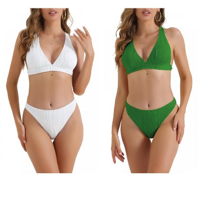 INSPIRE CHIC Women's V Neck Crisscross Back Drawstring Triangle Bottoms Swimwear Bathing Bikini Suits 2 Sets