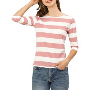 INSPIRE CHIC Women's Stripes Casual Basic Elbow Sleeves Boat Neck Slim Fit T-Shirts - 1 of 4