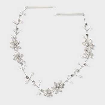 Pearl and Stone Flower Wire Hair Vine - Silver