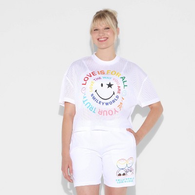 Pride Adult Smiley World Mesh 'Rainbow Graphic' Short Sleeve Cropped Top - White