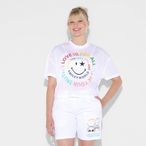 Pride Adult Smiley World Mesh 'Rainbow Graphic' Short Sleeve Cropped Top - White - 1 of 3