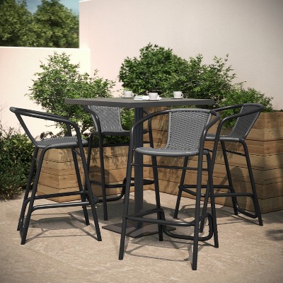 Flash Furniture Lila Set of 4 Commercial Grade Indoor-Outdoor PE Rattan Restaurant Barstools with Aluminum Frames and Footrests