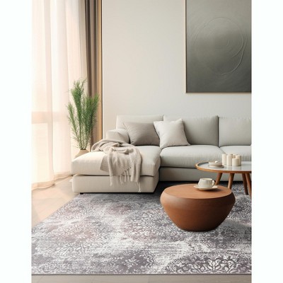 Elegant Monte Carlo 5' Square Light Gray Floral Synthetic Rug