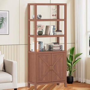 5 Tier Bookcase with 2 Doors, Mid-Century 71 Inch Tall Bookshelf with Adjustable Shelf - 1 of 4