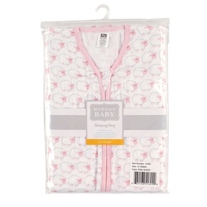 Hudson Baby Infant Girl Muslin Cotton Sleeveless Wearable Sleeping Bag, Sack, Blanket, Pink Sheep, 3 of 4