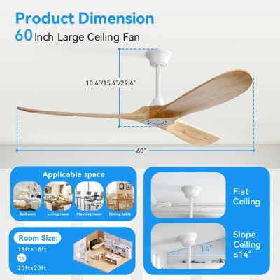 Large 60 Inch Modern Ceiling Fan No Light Energy Efficient DC Motor 3 Solid Wood Blades Ceiling Fan With Remote Control Farmhouse Ceiling Fans