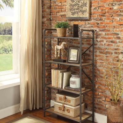 INFURNIC Decorative Bookshelf 4 Tier Rectangular Storage Shelf with Metal Frame and Wooden Shelves, Gray, 14"*26"*49"