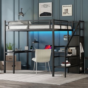 NicBex Full Bunk Bed with Desk Metal Frame Bed Frame with Storage Stairs, Wardrobe, Guardrails and Adjustable Shelf, No Box Spring Required - 1 of 4