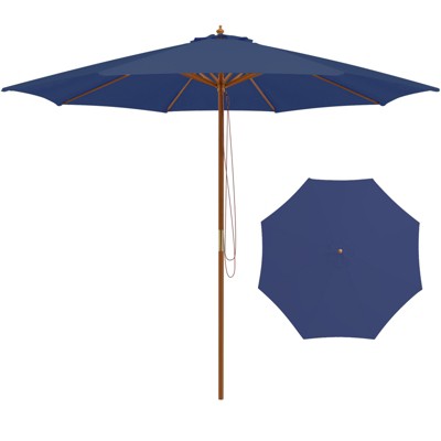 Tangkula 10FT Wooden Market Table Umbrella Pulley Sunshade Canopy w/8 Bamboo Ribs