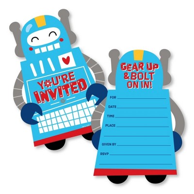 Big Dot of Happiness Gear Up Robots - Shaped Fill-In Invitations - Birthday Party or Baby Shower Invitation Cards with Envelopes - Set of 12