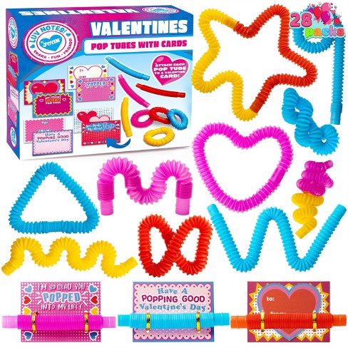 Joyfy 28 Packs Valentines Day Cards with Pop Tubes Set for Kids, Stretchy Tube Fidget Toys for Kids Valentine's Day Favors Classroom Exchange Gifts - image 1 of 4