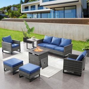 Buenhomino 7 Piece Wicker Outdoor Furniture Set with Thick Cushions, High Back Patio Furniture Set with PE Rattan Chairs and Square Fire Pit Table - 1 of 4