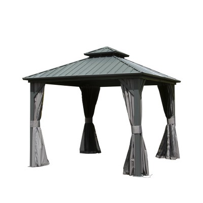 DOMETOUR 8' x 8' Aluminum Hardtop Gazebo with Steel Double Roof, Curtains & Netting, Permanent Pavilion for Patio, Backyard, Deck, Grey