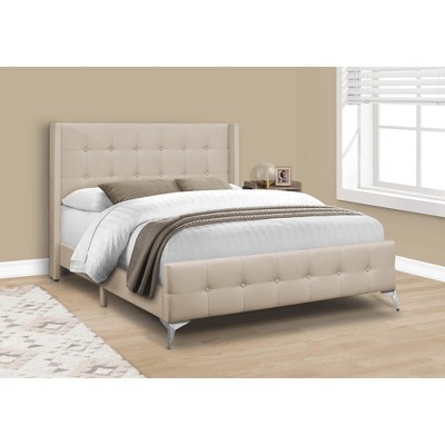 Monarch Specialties Bed, Queen Size, Bedroom, Upholstered, Beige Linen Look, Chrome Metal Legs